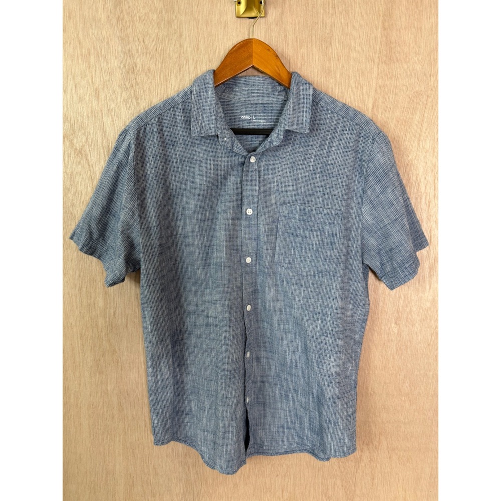 Anko Mens Large Blue Textured Short Sleeve Button Down Shirt Casual Pocket Top